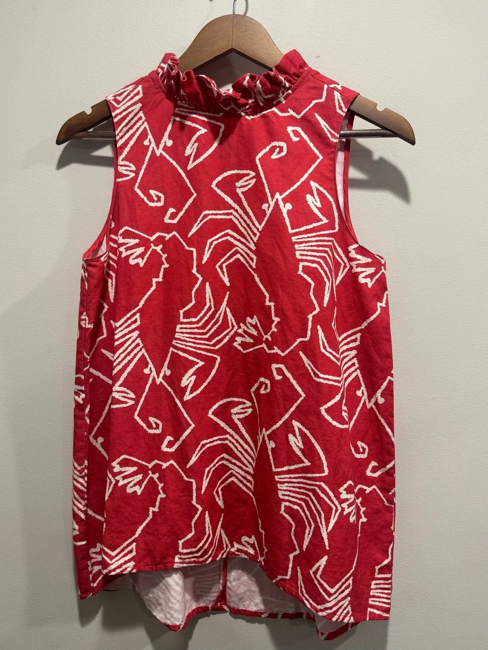 Tyler Boe Coral Red Lobster Print Ruffle Neck Tie Back Top S Coastal Preppy